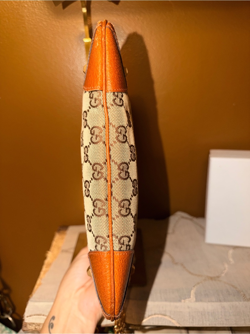 Gucci Brown GG Canvas and Leather Messenger Crossbody Bag w/ Added Chain Strap - Picture 3 of 7